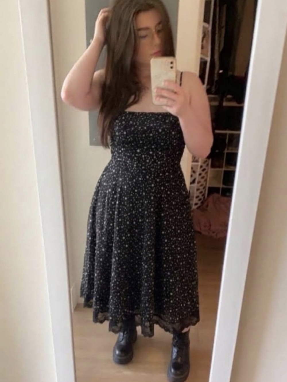 Strappy Black Midi Dress with White Polka Dot Print Size 12